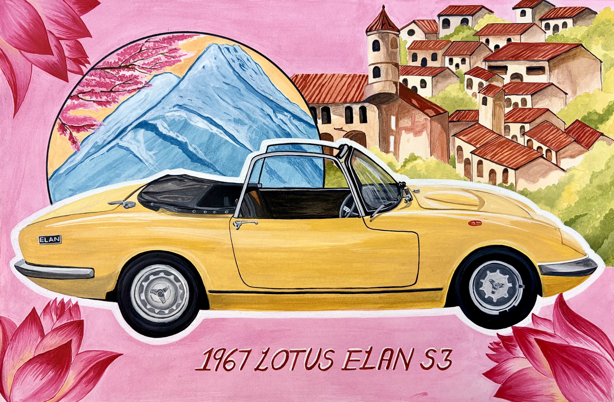 Fairytale Roadtrip — 1967 Lotus Elan S3, gouache painting by Piyush Varshi