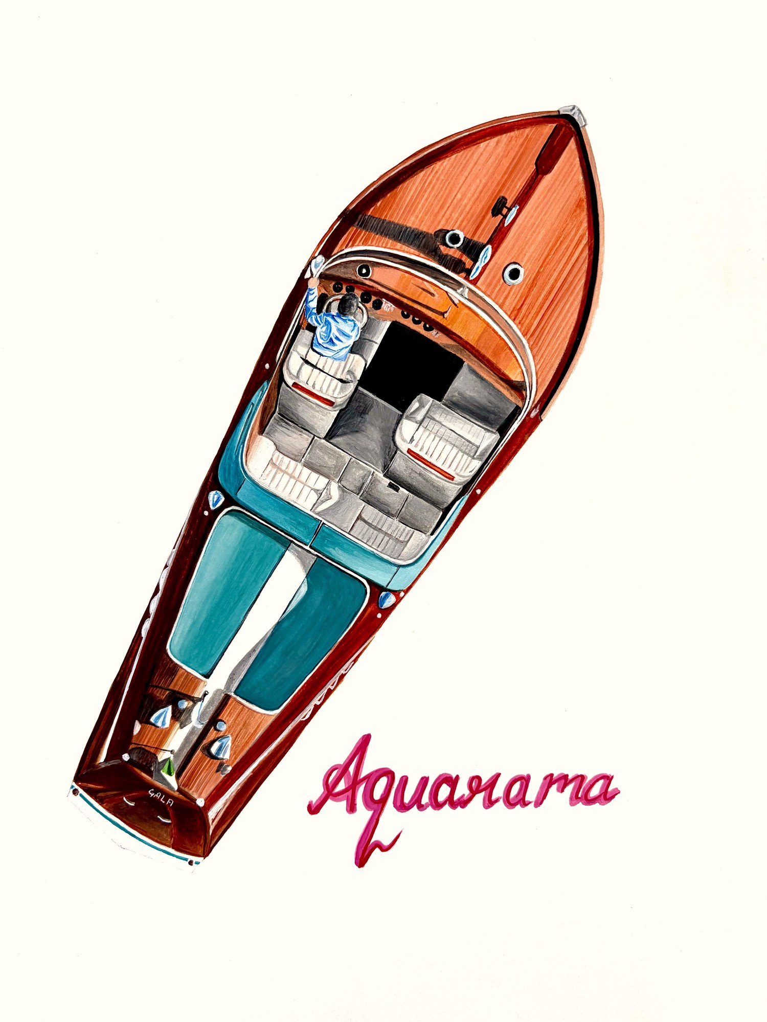 Riva Aquarama — gouache and ink painting by Piyush Varshi